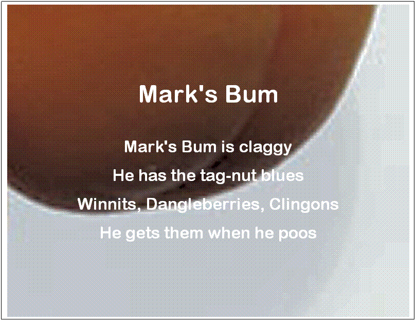 Text Box: Mark's Bum
 
Mark's Bum is claggy
He has the tag-nut blues
Winnits, Dangleberries, Clingons
He gets them when he poos
